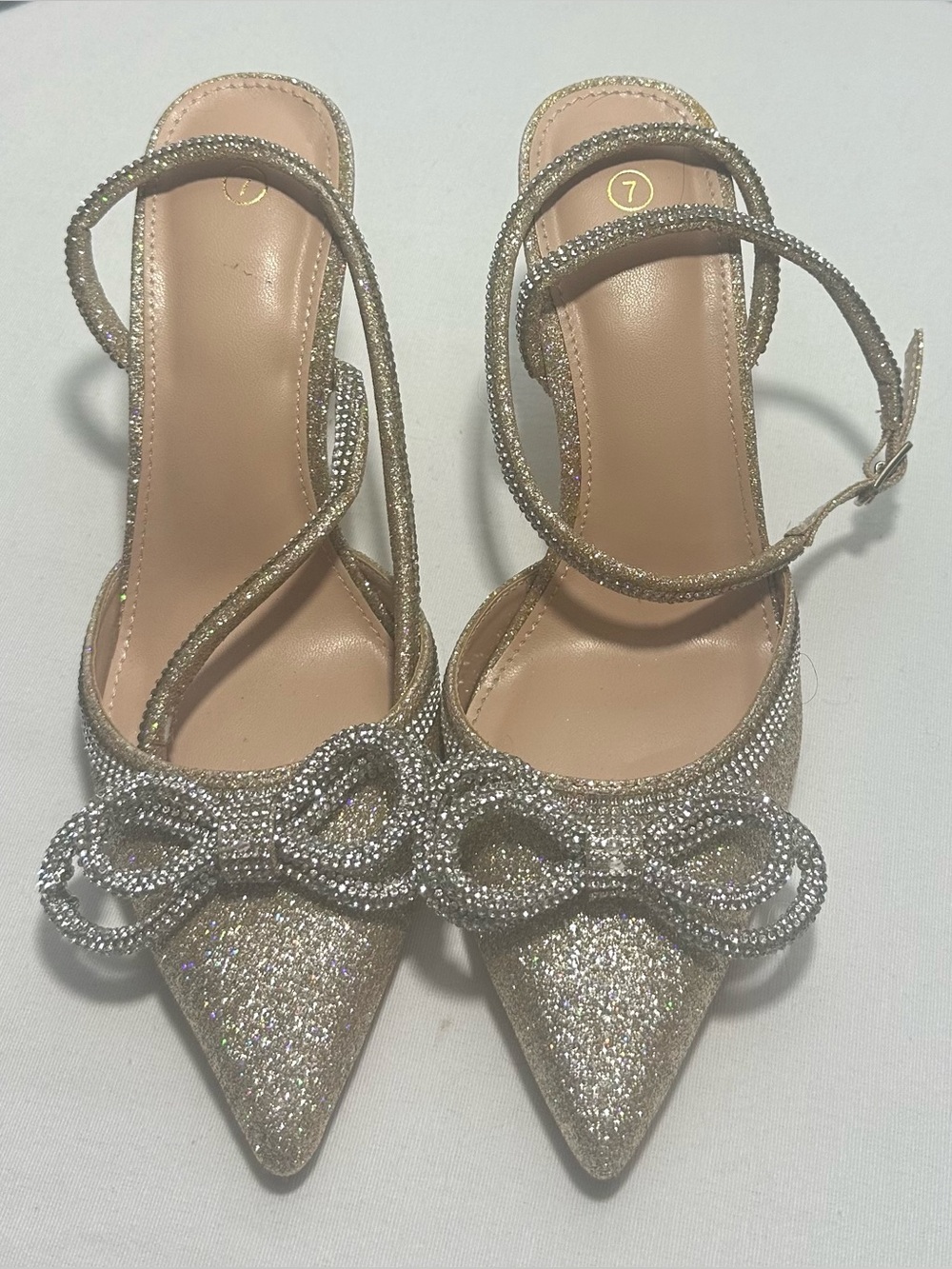 Amazon Women's Gold Glitter Pointed-Toe Evening Heels with Rhinestone Bow